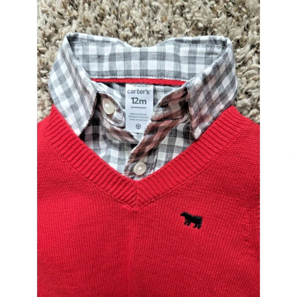 Carters Baby Boy Size 12 Month Plaid Shirt With Red Vest
